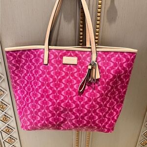 Coach Hot Pink Signature Canvas Tote with Tan Trim